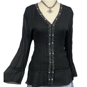 Vintage Women’s Button Up Top Size 14 Pleated Rhinestones Whimsgoth Fairy Sheer